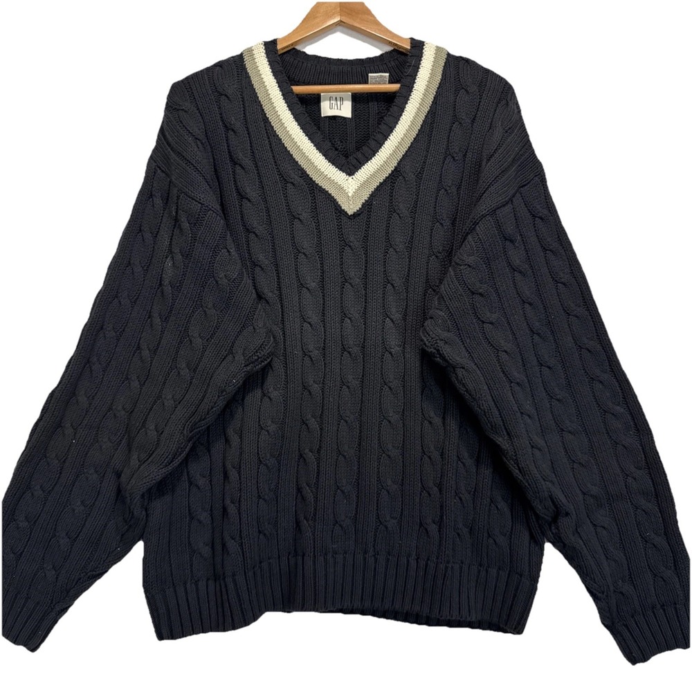 VTG GAP‎ Heavy Knit  V Neck Sweater Men XL Black Beige Lining  Cotton